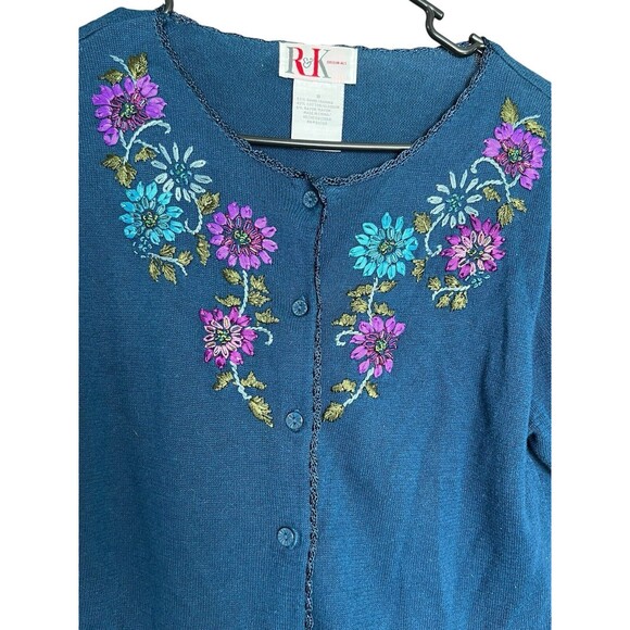 Vintage 90s Women’s R&K Short Sleeve Cardigan Sweater 8/M, Blue‎ W/ Flower - Picture 9 of 9